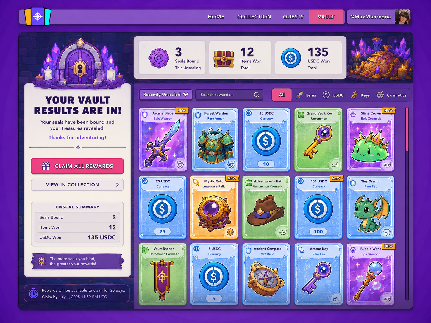 Grand Vault results and rewards concept